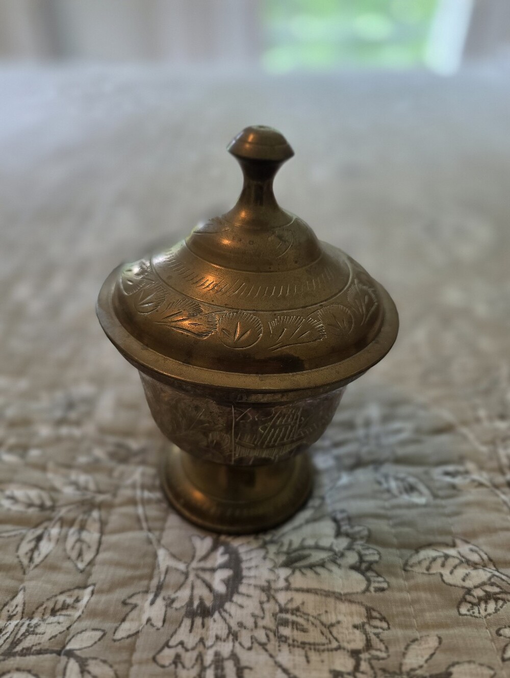 Engraved Brass Lidded Trinket Bowl